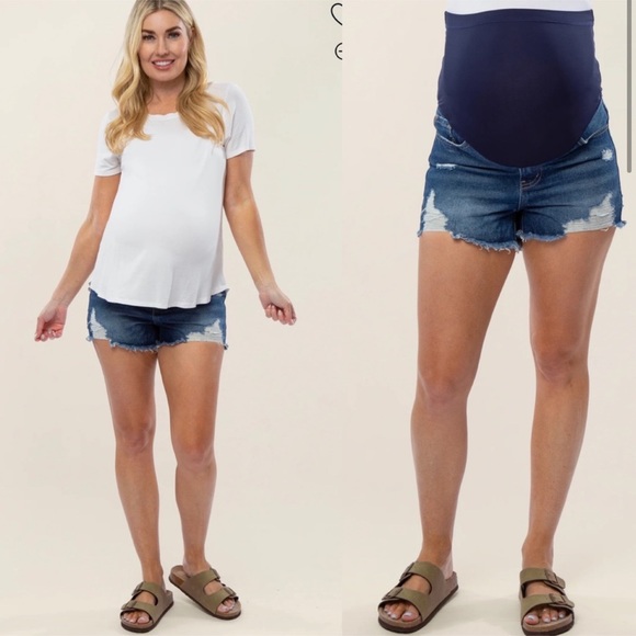 Pinkblush Dark Wash Distressed Raw Hem Maternity Full Panel Shorts - Picture 9 of 9